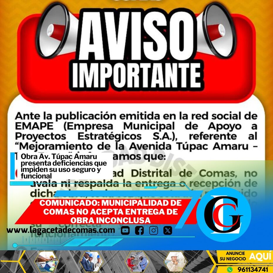 Comunicado: Municipalidad de Comas no acepta entrega de obra inconclusa