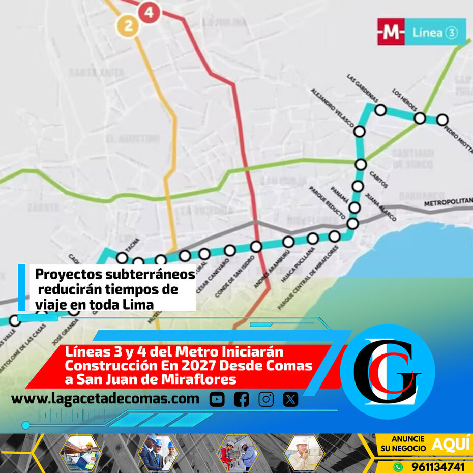 Líneas 3 y 4 del Metro iniciarán construcción en 2027, desde Comas a San Juan de Miraflores