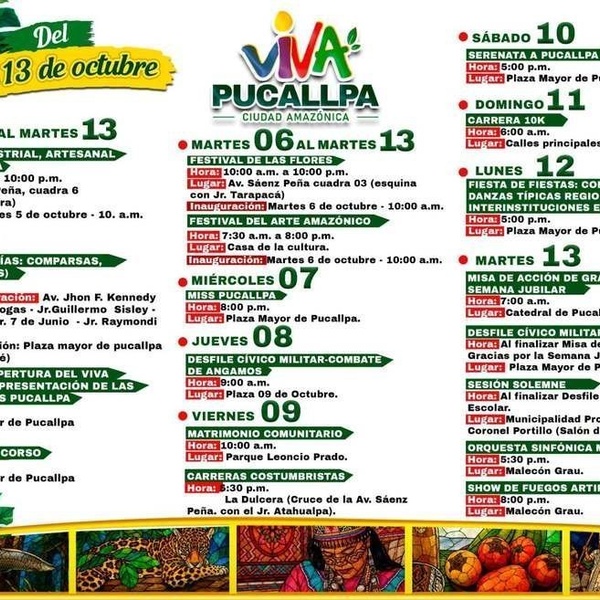 Pucallpa celebra su Semana Jubilar con cultura, tradición y espectáculos del 05 al 13 de octubre